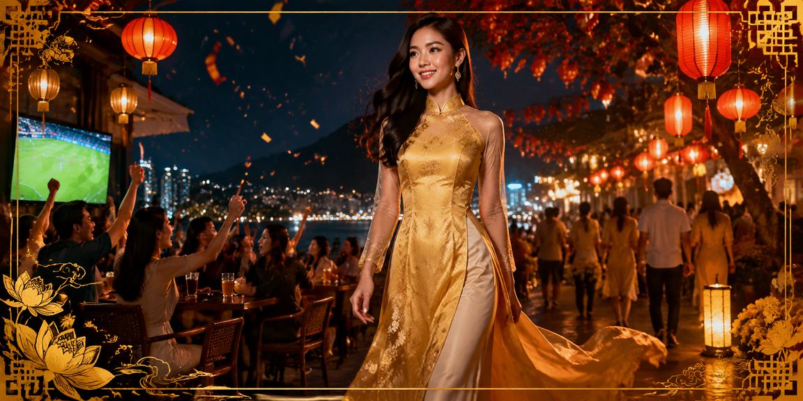 Phụ nữ mặc áo dài tại Nha Trang dùng điện thoại tra kết quả xổ số và cá cược trực tuyến